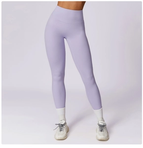 Close-up of high-waisted lavender yoga pants with butt-lifting and tummy control fit