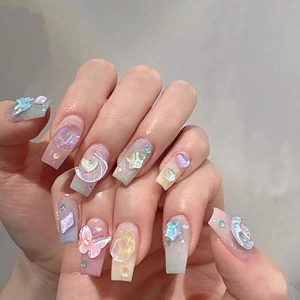 Handmade Press On Nails Macaron Gradient Aurora 3D Moon Star Butterfly Rhinestone Glitter Sweet Long Trapezoid For Women