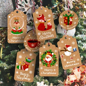 Set of 6 kraft paper Christmas gift tags with reindeer and Santa designs on tree