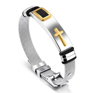 Silver stainless steel mesh bracelet with golden cross charm and black enamel inlay