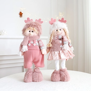 Pink and white Christmas plush dolls with retractable legs for festive home decor