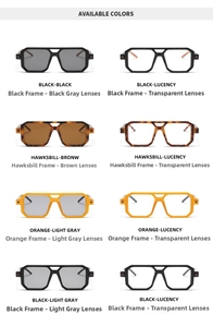 Multiple stylish double-bridge square sunglasses in black, tortoiseshell, and orange frames