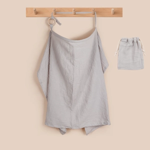 Detail of light gray double gauze cotton nursing cover and drawstring storage bag