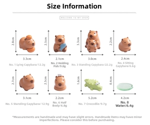 Size chart showing height, width and weight for various capybara resin figurines