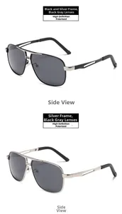 Detailed side view of two aviator sunglasses with silver and black metallic frames