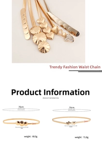 Detailed size chart for elastic metal waist belts featuring heart buckle dimensions and weight