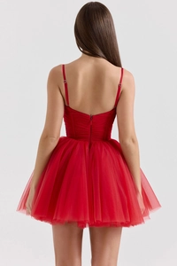 Detail of red mesh mini dress showing the sexy backless design and layered tutu skirt
