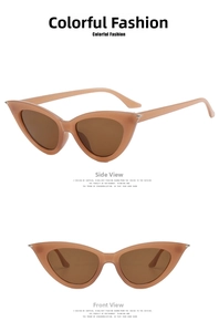 Detail view of cat eye sunglasses with jelly tea frame and silver metal rivets