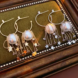 French vintage star tassel C-shape pearl earrings in gold and silver plating