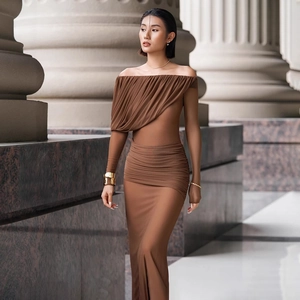 Off-Shoulder Mesh-Maxikleid Langarm Gerafft Rückenfrei Elegant Einfarbig Patchwork Streetwear Für Damen