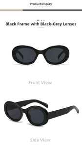 Detail of retro oval sunglasses with glossy black frames and dark grey lenses for street style