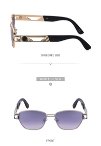 Steampunk sunglasses showing front view and 90-degree side profile with silver frames