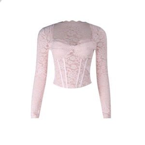 Detail of pink lace long sleeve corset top with boning structure and sheer mesh texture