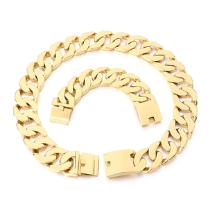 Polished gold hip-hop Cuban link chain necklace and bracelet set in stainless steel