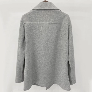 Rear view of grey knit trench coat for men showing premium texture and tailored back design
