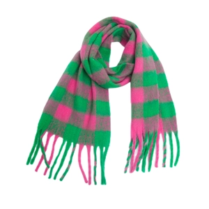 Plaid mohair scarf with bright green and rose pink checks and long tassels