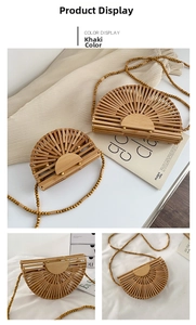 Detail of khaki bamboo fan-shaped woven bag with natural wood bead strap for beach