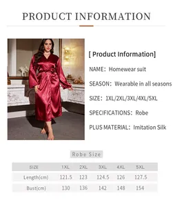 Size chart for wine red satin robe homewear suit, 1XL to 5XL guide for silk sleepwear