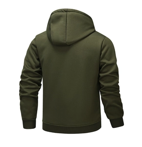 Rückansicht eines schweren armeegrünen Sherpa-Hoodies mit gerippten Bündchen am Saum