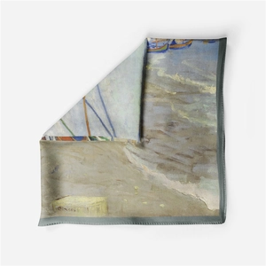 Detailed texture of 53cm silk scarf featuring Van Gogh oil painting art pattern