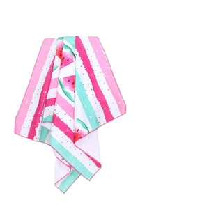 Absorbent beach towel with pink stripes and watermelon print on white background