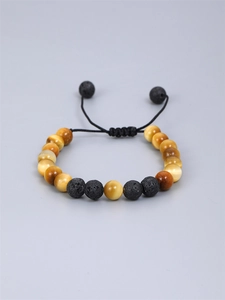 Men's adjustable beaded bracelet featuring golden tiger eye and black volcanic lava stones