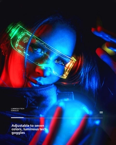 Cyberpunk LED glasses with seven adjustable colors shown on model in neon lighting