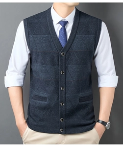 Detail of V-neck knitted button vest for men with argyle texture and front pockets