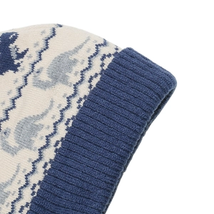 Detailed close-up of knit dinosaur beanie showing blue ribbing and jacquard texture