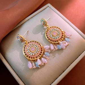 Bohemian Round Dangle Earrings Alloy Rhinestone Imitation Artificial Pearl With 925 Sterling Silver Earring Post Vintage For Women