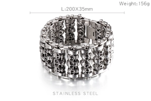 Detail view of heavy punk skull bracelet in stainless steel with 200x35mm size specifications