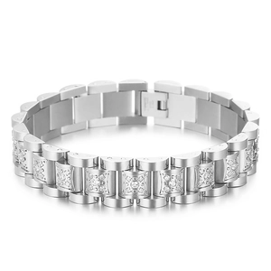 Iced out silver stainless steel watch strap bracelet with sparkling CZ diamonds
