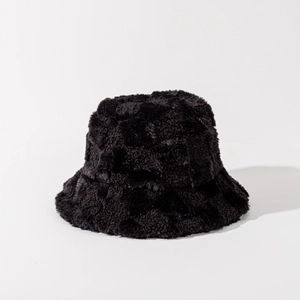 Detailed view of black plush checkerboard bucket hat with soft faux fur texture