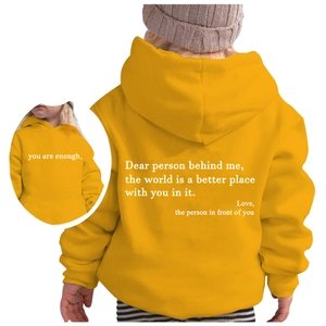 Sweat à capuche jaune pour enfants avec texte 'You are enough' et citation au dos