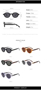 Detailed size chart and material specifications for TR90 round polarized sunglasses