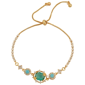 Adjustable 18k gold plated bracelet with green oval zircon and sparkling crystals
