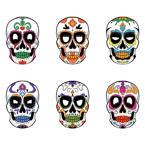 Set of 6 colorful Day of the Dead sugar skull masks for Halloween party decoration