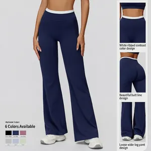 Pantalon de yoga taille haute à jambes larges avec taille contrastée et style évasé
