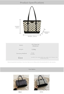 Detailed dimension guide and specifications for the polka dot faux leather tote bag
