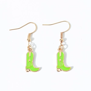 Detailed close-up of green western cowboy boot earrings with gold star accents