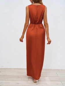 Back view of elegant burnt orange sleeveless satin maxi dress with a slim-fit waist