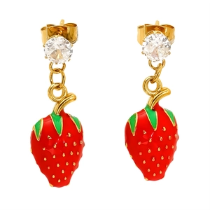 Fashionable golden strawberry stud earrings with red enamel fruit and sparkling zircon stones