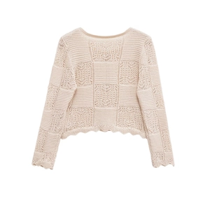 Beige crochet long sleeve knit top with square hollow patterns and scalloped edges