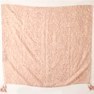Detail of light pink scarf with zebra print, gold sequins, and matching fringe tassels