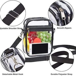 Minimalist clear PVC crossbody bag with black trim and adjustable shoulder strap