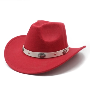 Classic bright red western cowboy felt hat featuring decorative white ethnic style band