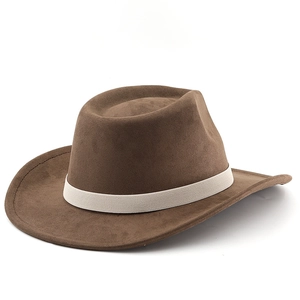Detail of dark brown wool jazz fedora hat with white woven band and rolled brim edge