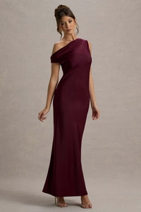 Detail view of the elegant deep burgundy off-shoulder dress with draped neckline texture