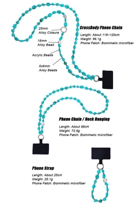 Detailed chart of turquoise beaded phone straps in crossbody, neck, and wrist lengths