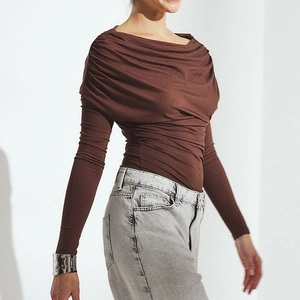 Slim fit dark brown off-shoulder long sleeve top with elegant pleated details for women